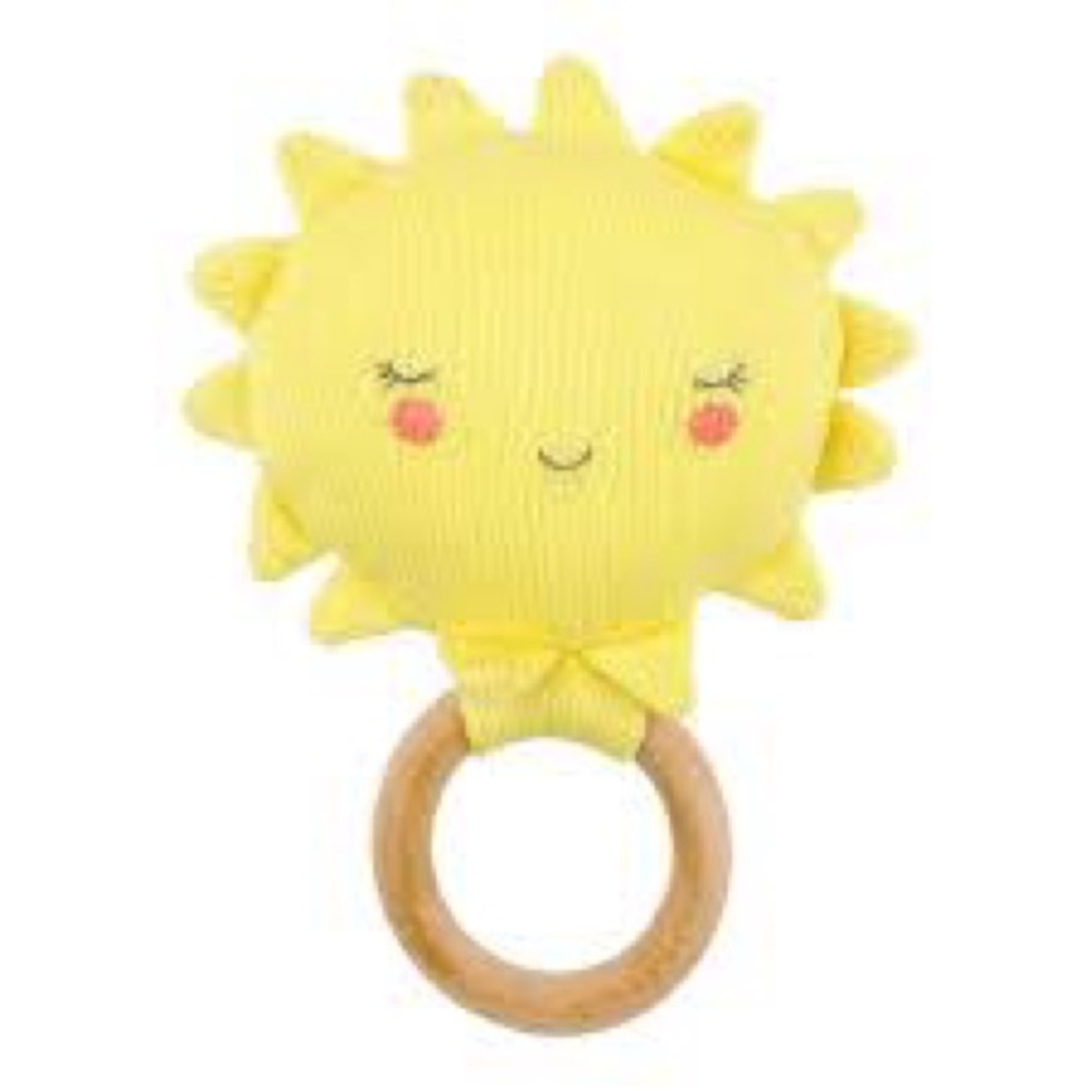 🌞 MERI MERI Sunshine Knitted Baby Teething Rattle – Handmade Organic Cotton